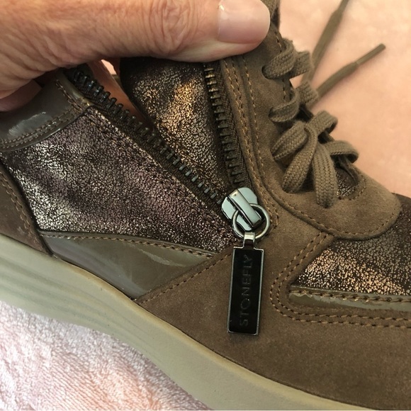 Stonefly Brown Glitter Suede Patent Leather Mid Top Sneaker. Size 7. - Picture 5 of 16